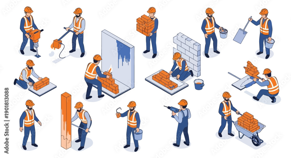 Fototapeta premium Isometric illustrations showcasing various construction workers engaged in different building and renovation tasks on a job site.