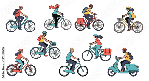 A collection of diverse people riding various bicycles and a scooter, illustrating urban commuting and active transportation.