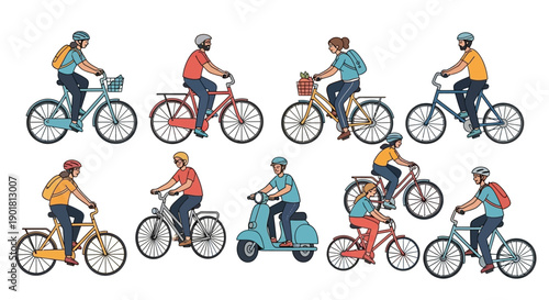 A diverse group of ten cartoon people wearing helmets and riding various bicycles and a scooter, illustrating urban commuting and leisure activities.