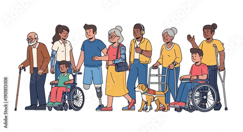 Diverse group of people with disabilities and different ages standing together, promoting inclusivity and accessibility.