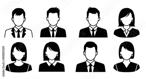 Eight black and white silhouette icons of diverse male and female business people, representing generic user avatars.