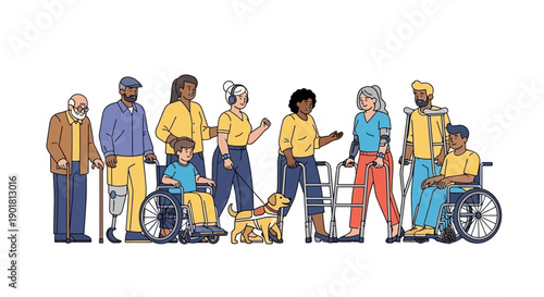 A diverse group of people with disabilities and assistive devices promoting inclusivity.