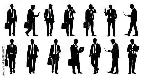 Silhouettes of businessmen in various poses, walking, standing, and interacting with technology like laptops and phones, carrying briefcases.