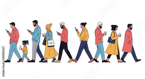 Diverse group of people walking in a line, engrossed in their mobile phones, illustrating modern digital distraction and technology use.