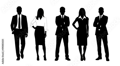 Silhouettes of five diverse business professionals, three men and two women, standing in formal attire.