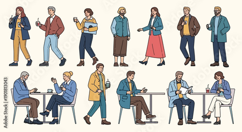 A diverse group of people in various poses, some standing and walking, others sitting at tables, enjoying drinks and social interactions in a cafe setting.