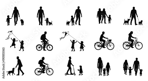 Collection of black silhouettes depicting various family activities and leisure pursuits outdoors including walking, cycling, and flying kites.