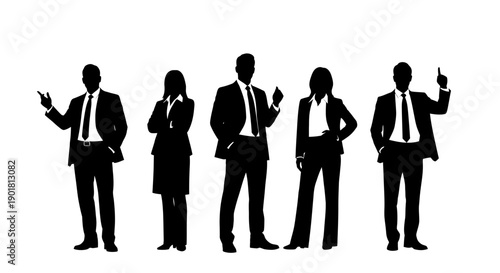 Five black silhouettes of diverse business people in suits standing and gesturing on a white background.