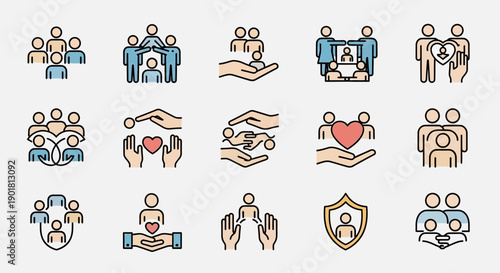 Modern vector icons illustrating concepts of community, family, care, support, and social responsibility.
