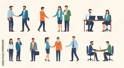 Illustrations of various business interactions including handshakes, meetings, and professional discussions among diverse colleagues.