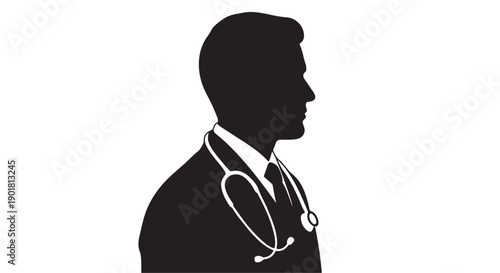 Male Doctor Silhouette Profile with Stethoscope in Simple Black and White Illustration for Medical Professional Icon
