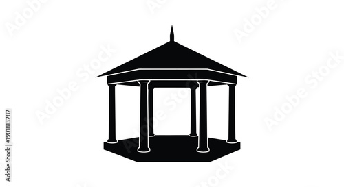 A striking black silhouette depicts an ornate octagonal gazebo with classical columns and a pointed roof high quality