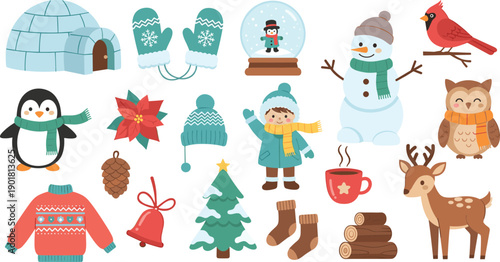 Winter Holiday Icon Set With Snowman Penguin Owl Deer Igloo Mittens Tree And Cozy Christmas Elements In Cute Vector Illustration