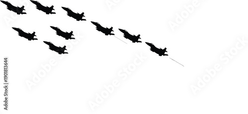 Set of nine military fighter jet silhouettes flying in formation, supersonic air force aircraft vector illustration isolated on white background for aviation design