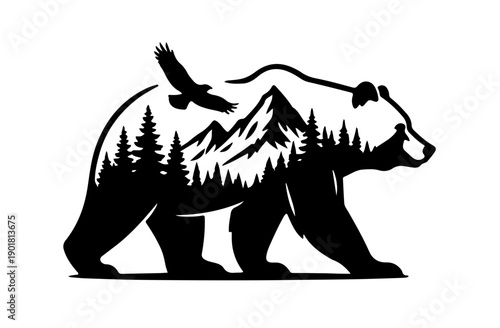 Black and White Vector Bear Silhouette with Forest Double Exposure Landscape