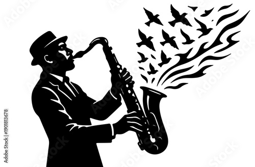 Vector Silhouette of Saxophone Player with Birds Flying from Instrument
