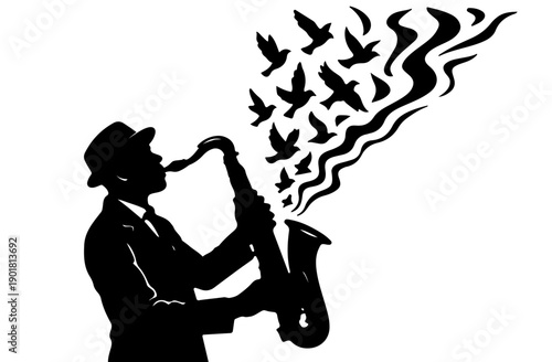 Vector Silhouette of Saxophone Player with Birds Flying from Instrument