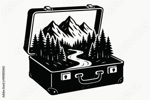 Vector Silhouette of Open Vintage Suitcase with Mountain Landscape Inside