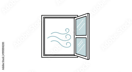 An open window with air flowing in, illustrated in a simple line art style, viewed from the front.