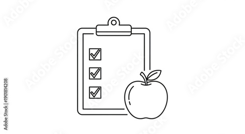 A simple line drawing of a clipboard with a checklist and an apple beside it viewed from the front