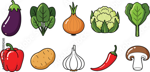 Set of colorful fresh vegetable icons featuring eggplant spinach onion cauliflower bell pepper potato garlic chili and mushroom on grey background