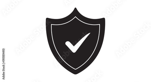 Shield icon with checkmark in simple flat design on dark gray background for security symbol