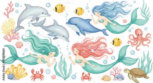 Cute underwater mermaid collection with dolphins whales coral fish turtle and bubbles isolated on white background vector illustration set