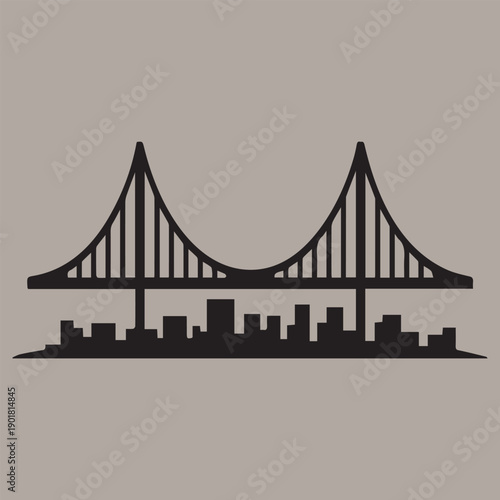 Iconic suspension bridge spanning a city skyline with modern buildings