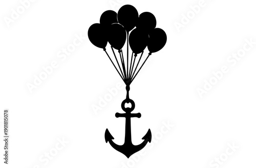 Vector Silhouette of Floating Balloons Lifting a Heavy Ship Anchor