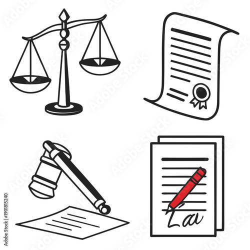 Illustration of legal symbols including a gavel, scales of justice, and documents Vector