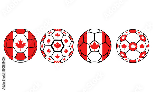 Four soccer balls decorated with the canadian flag in different patterns