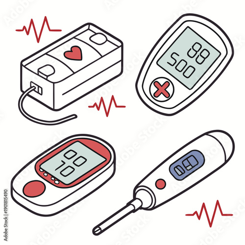Assorted medical devices including a blood pressure monitor, glucometer, and thermometer Vector