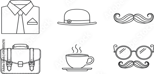 Gentleman lifestyle icons featuring formal shirt with tie, bowler hat, classic mustache, leather briefcase, hot coffee cup, and round eyeglasses.Gentleman lifestyle icons 