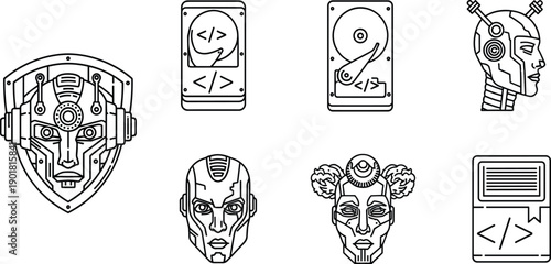Cybernetic robot head icons featuring artificial intelligence, machine learning, hard drive storage, coding development, futuristic cyborg faces, and data programming 