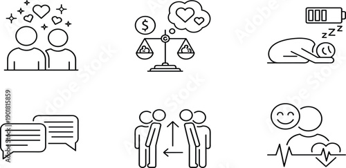 Mental health and relationship icons featuring romantic couple, work life balance, tired person burnout, chat bubbles, social distancing, and wellness.Mental health and 