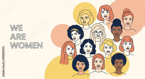 A diverse group of women with different hairstyles and skin tones are illustrated, celebrating female unity and empowerment.