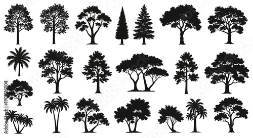 A collection of diverse tree silhouettes, showcasing various species and growth patterns, ideal for graphic design and nature illustration.