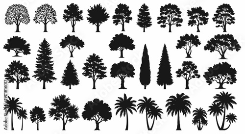 A diverse collection of tree silhouettes, showcasing various species and shapes, from deciduous to coniferous and palm trees.