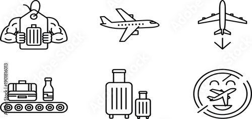 Vector, black, outline, illustration, set, of, various, airplane, icons, suitcases, luggage, conveyor, belt, and, travel, tags, for, aviation, tourism, and, transport, design 