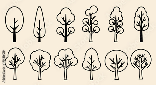A collection of stylized, minimalist line art illustrations of various deciduous trees, presented in two rows against a light beige background.