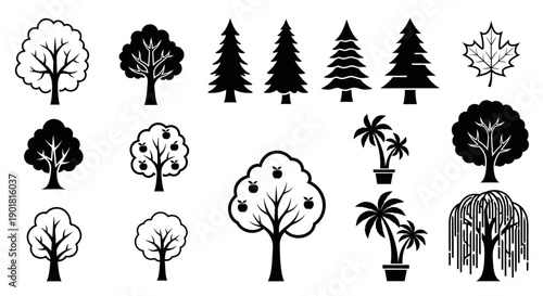A collection of diverse tree illustrations, including deciduous, coniferous, fruit-bearing, palm, and weeping varieties, presented in a clean, black and white silhouette style.