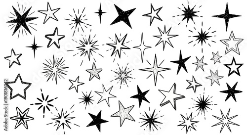 A collection of hand-drawn starbursts and star shapes in various styles, rendered in black and white.