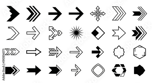 A collection of diverse arrow icons in various styles and designs, presented in a grid layout.