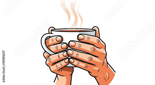 Two hands cupping a steaming mug of hot beverage, illustrating warmth and comfort.