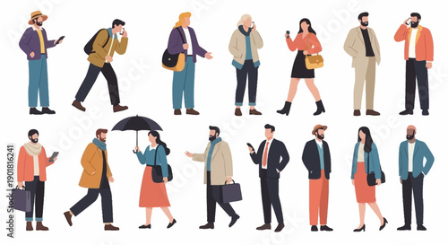 A diverse group of people in casual and business attire, some using smartphones, others carrying bags and umbrellas, depicted in a flat, illustrative style.
