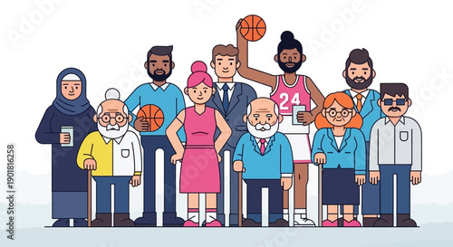 A diverse group of people of various ages, ethnicities, and professions standing together.