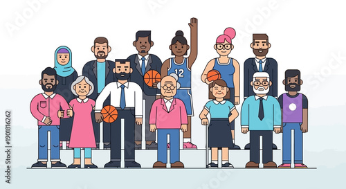 A diverse group of people of various ages, ethnicities, and genders standing together, some holding basketballs.