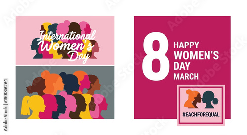 International Women's Day celebration with diverse women's silhouettes and empowering messages.