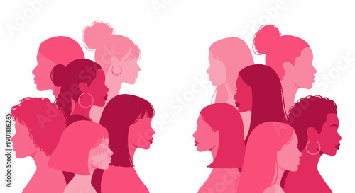 Diverse group of women facing each other in profile, symbolizing unity and community.