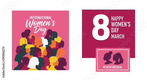 Illustrations celebrating International Women's Day with diverse women's silhouettes and the number 8.